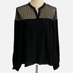 Wilfred Silk Blouse Womens XS Black Swiss Dot Mesh Yoke Long Sleeve 56702